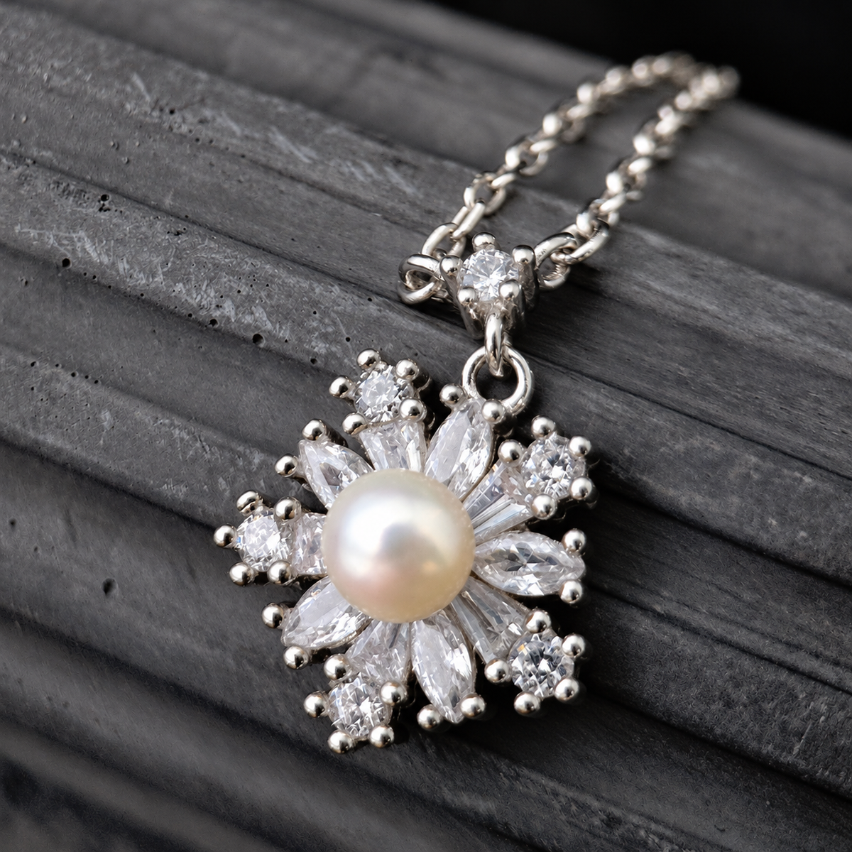 The Aurelia Snowflake / Marquise & Tapered Baguette Pearl Pendant Necklace