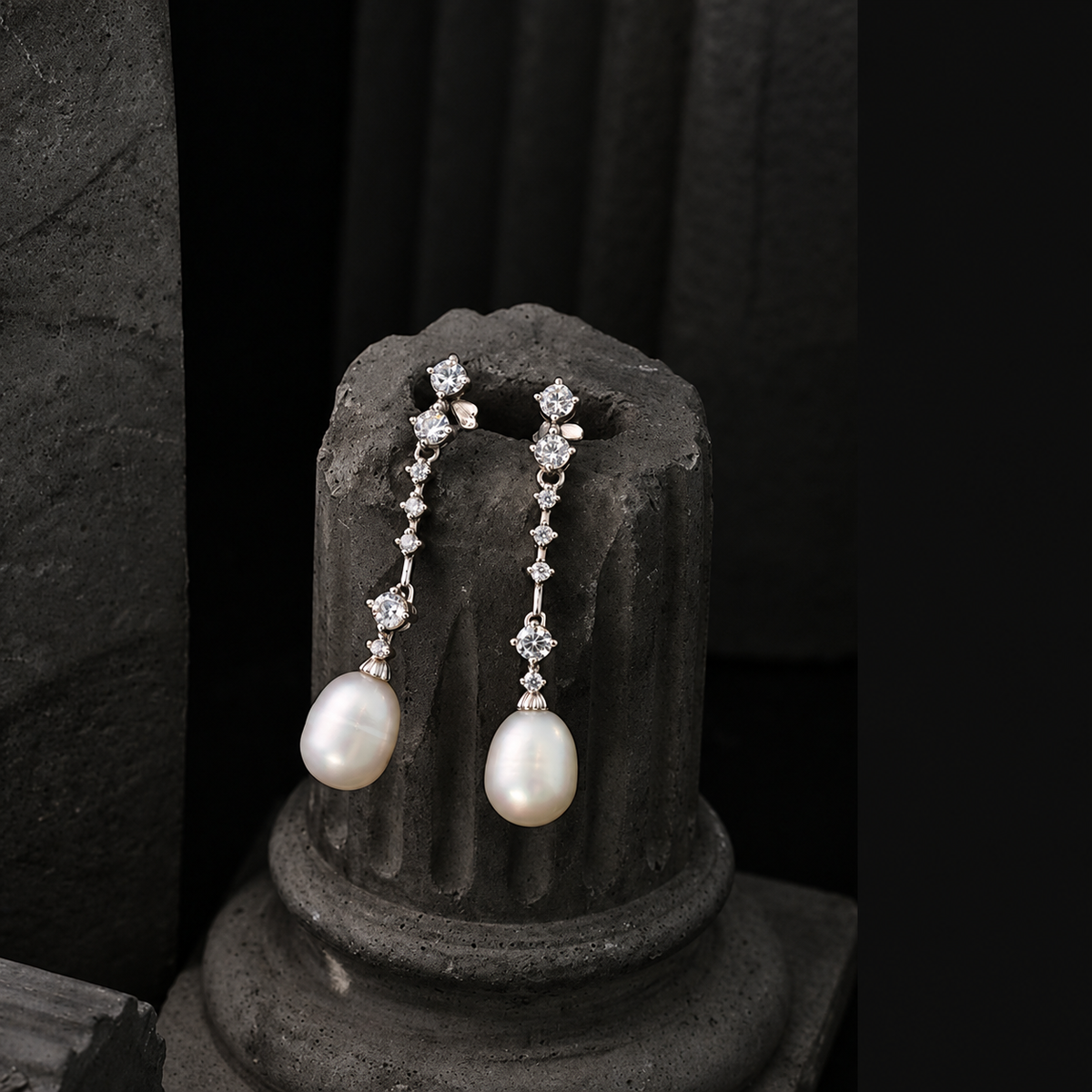 The Aurelia Starlight / Linear Diamond & Teardrop Pearl Drop Earrings