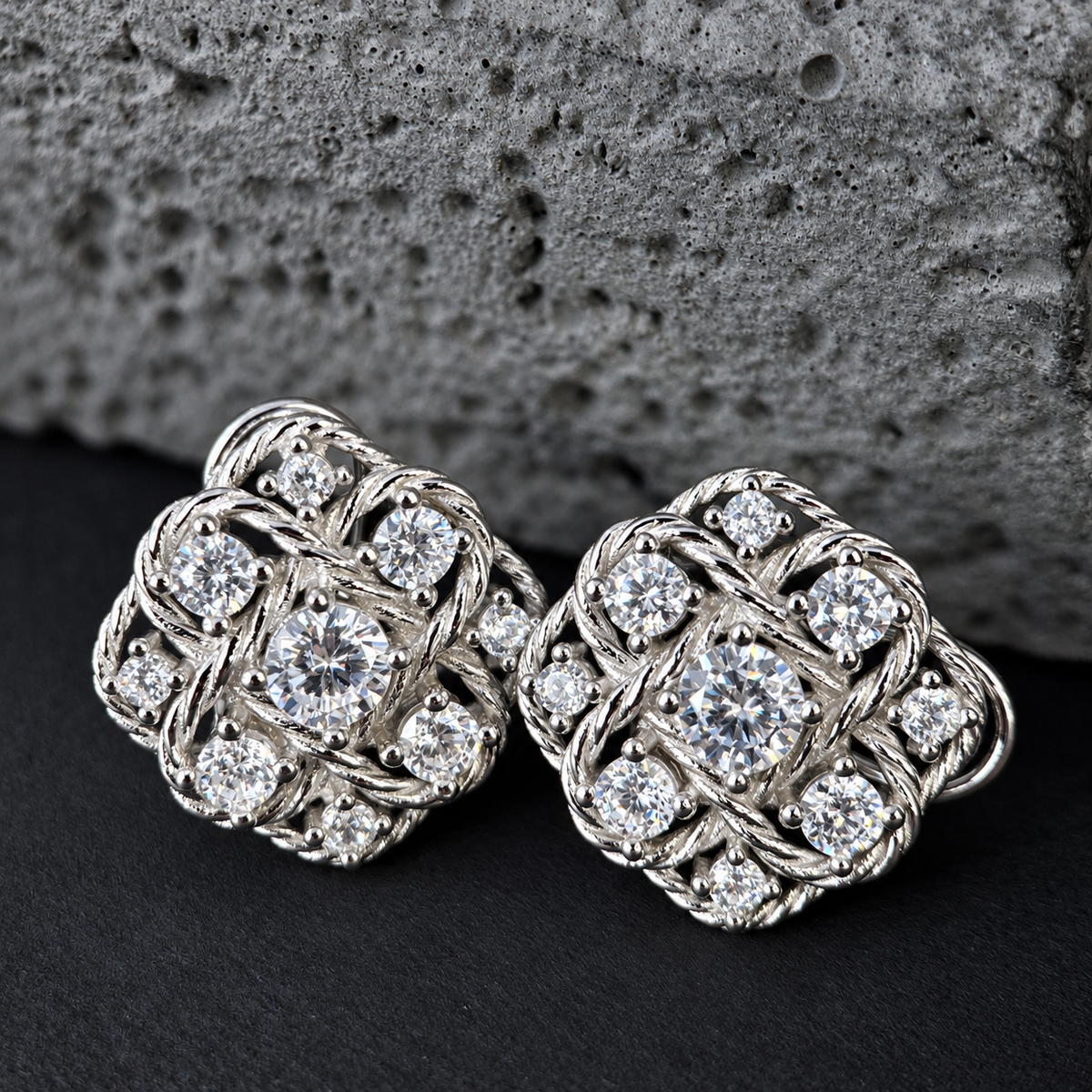 The Silver Vintage Lattice / Moonlight Weave Cluster Stud Earrings