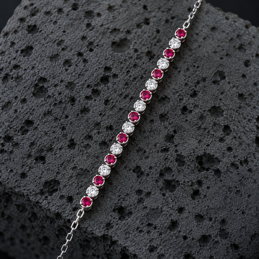 YYBR006 silver bracelet alternating red and clear gemstones