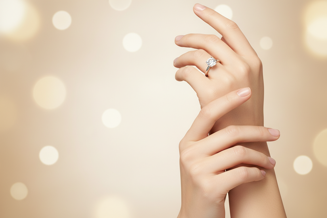 A high-end fashion photograph of an elegant female model hand wearing a simple diamond engagement ring. The model has soft glowing skin and a relaxed, graceful pose.  Background is soft, feminine, and blurred with champagne and ivory tones, gentle light gradients, and subtle bokeh. Luxury fine jewelry brand aesthetic, timeless, modern, and sophisticated. Clean composition with negative space for text.