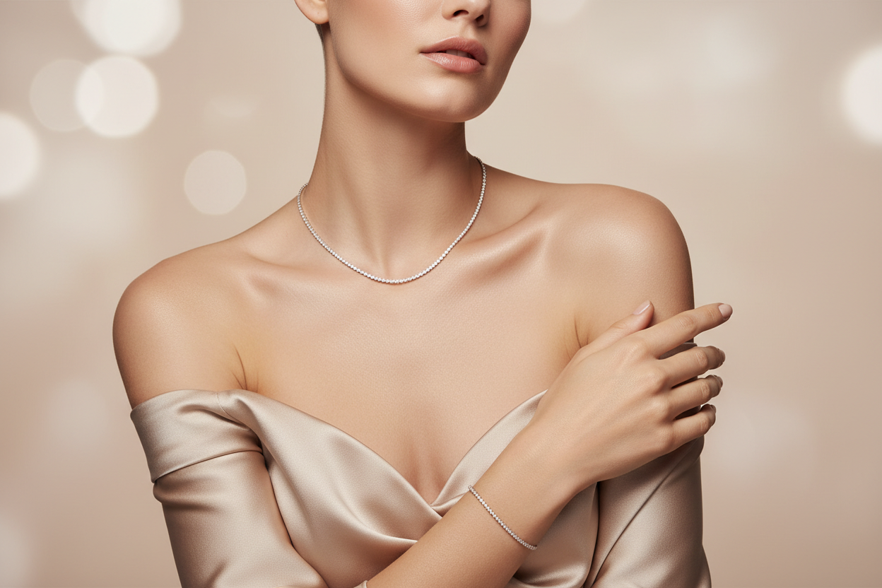 A high-end fashion photograph of an elegant female model wearing simple diamond tennis jewelry, including a delicate tennis necklace and matching tennis bracelet. Minimal, refined design with small, evenly set diamonds. The model has natural makeup, soft glowing skin, and a relaxed, graceful pose. She wears a neutral-toned silk or satin dress with bare shoulders. Background is soft, feminine, and blurred with champagne and ivory tones, gentle light gradients, and subtle bokeh. Luxury fine jewelry brand aest