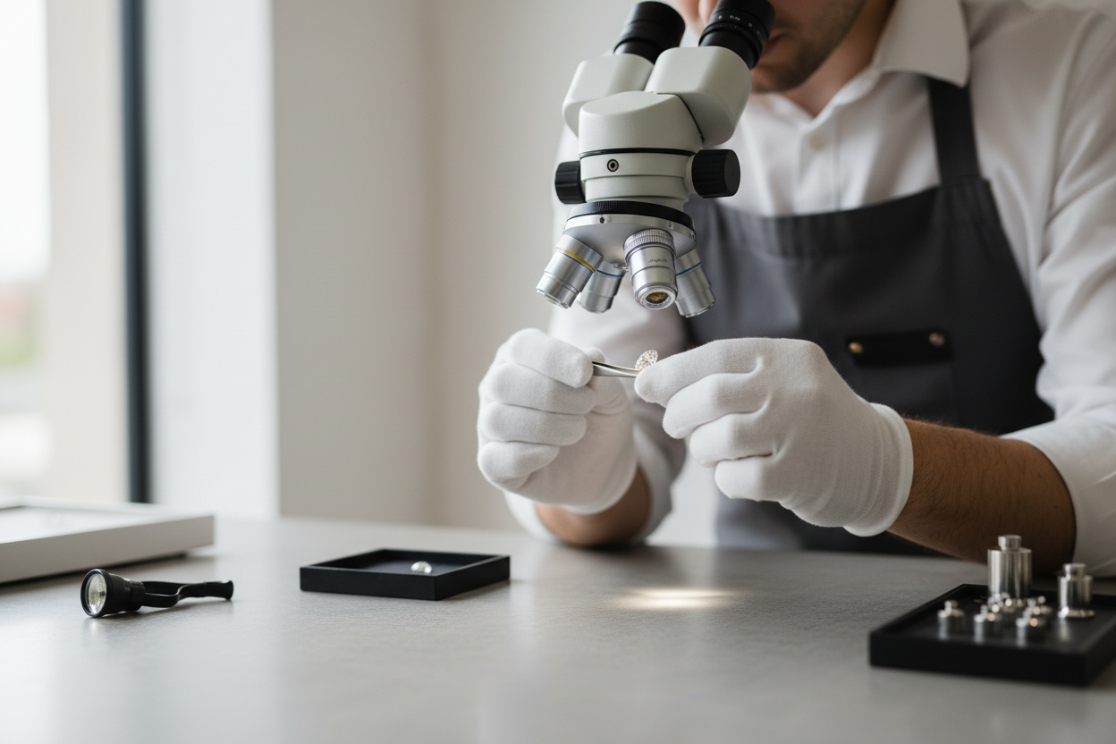 Designer inspecting a small diamond under a microscope, emphasis on cut and brilliance, minimalist studio, soft lighting, photorealistic