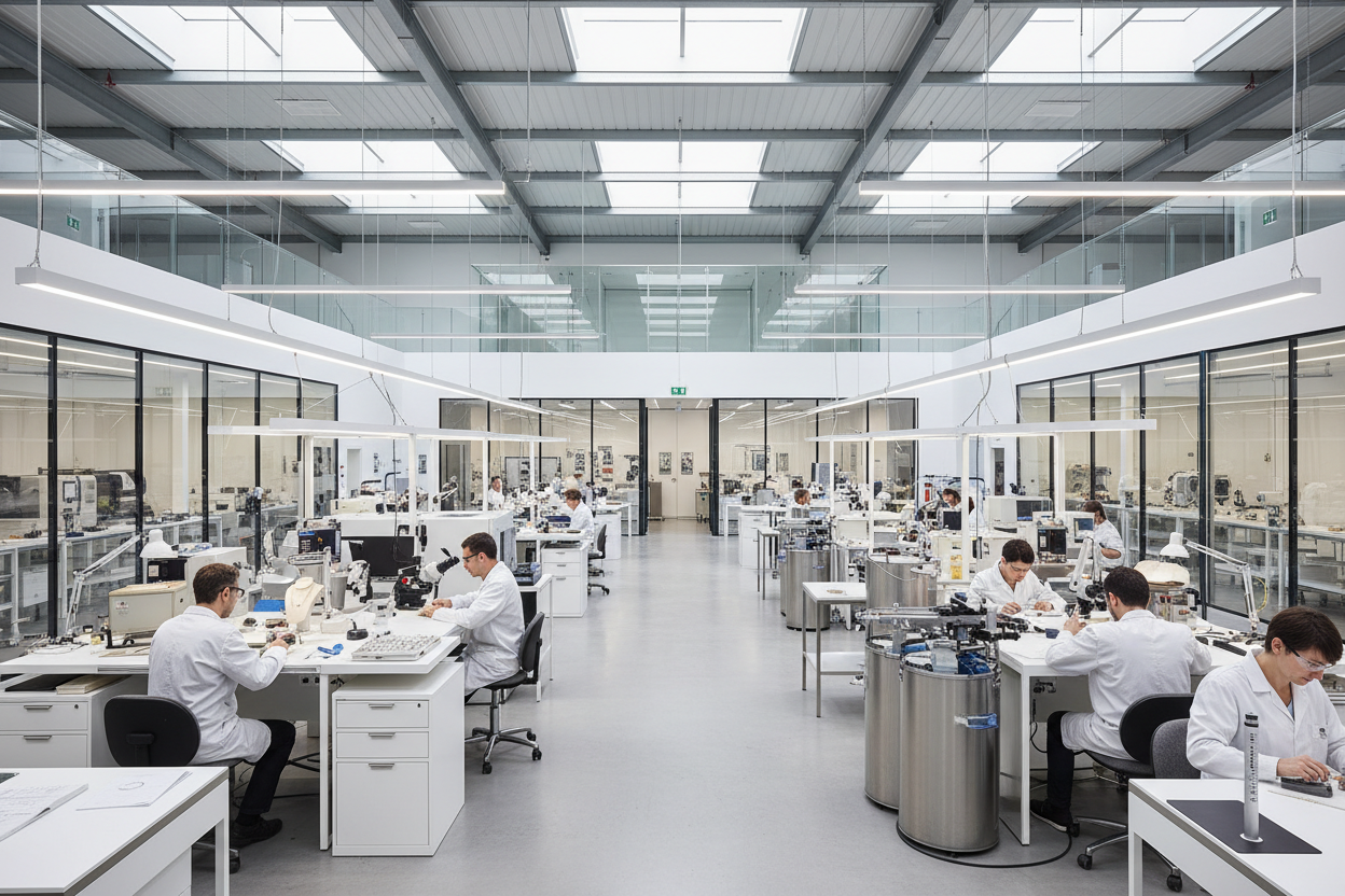 Large-scale, state-of-the-art jewelry factory, clean and modern production environment, precision craftsmanship, advanced technology, professional artisans at work, calm and refined industrial aesthetic, photorealistic