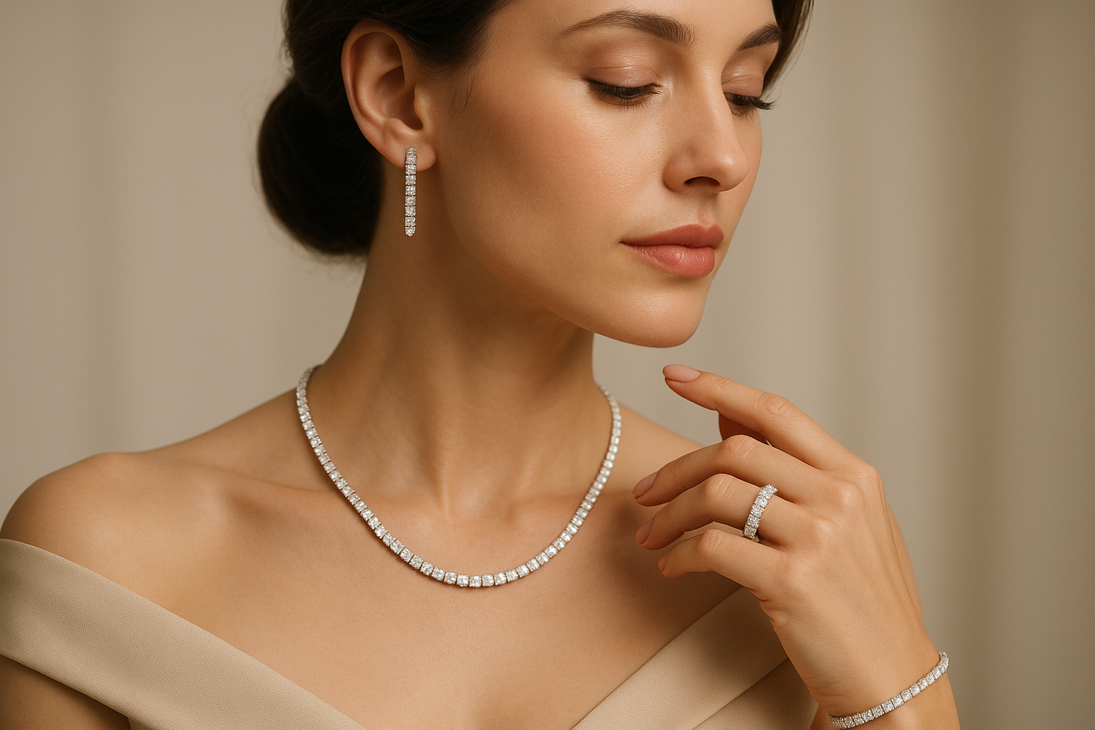 tennis jewelry including ring, earrings, bracelet and necklace, wearring by a lady